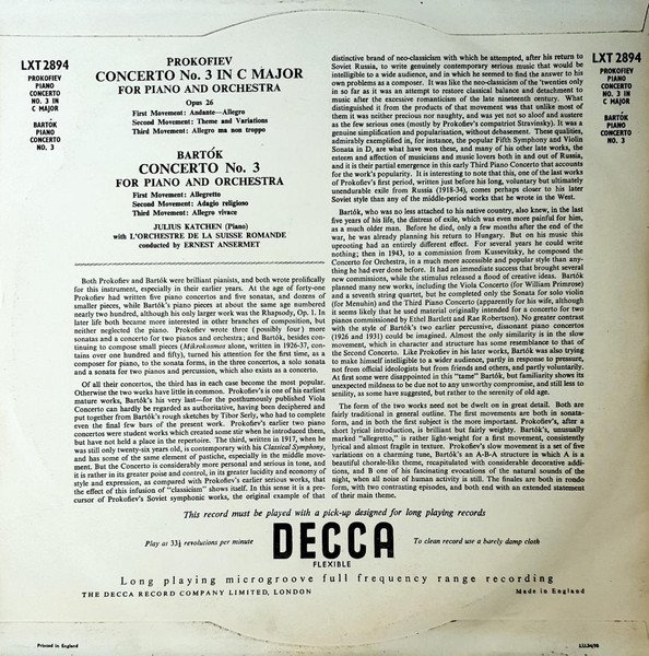 Julius Katchen With L'Orchestre De La Suisse Romande Conducted By Ernest Ansermet, Sergei Prokofiev, Béla Bartók — Concerto No.3 In C Major For Piano And Orchestra / Concerto No.3 For Piano And Orchestra 2