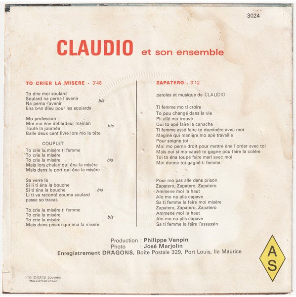 Claudio et Son Ensemble — To Crier La Misère / Zapatero 2
